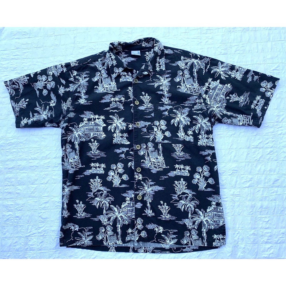 OP Sport Hawaiian Style Shirt Mens Large Navy Blue White Palm Trees